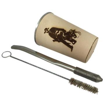 Imagem de Kit tereré copo de couro legítimo cru 200ml + bomba inox de mola sem r