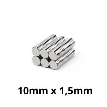 Imagem de Kit 100 Imã Neodímio Disco Magnético N35  10 x 1,5 mm Super Forte Pote