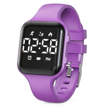 Imagem de Relógio digital de LED infantil, com contador de passos, à prova d'água, relógio de pulso esportivo, calendário, despertador para crianças, meninos, meninas e adolescentes, Roxo escuro