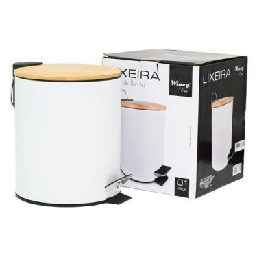 Imagem de Lixeira de Inox Branca com Pedal e Tampa de Bambu - Wincy Casa, 3 Litr