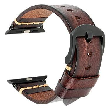 Imagem de Pulseiras de couro compatíveis com Apple Watch Straps 44 mm 42 mm 38 mm 40 mm, Rezero pulseira de couro genuíno de substituição para iWatch Series 5 Série 4/3/2/1, homens e mulheres, 38mm/40mm, Dark Brown+Black Buckle