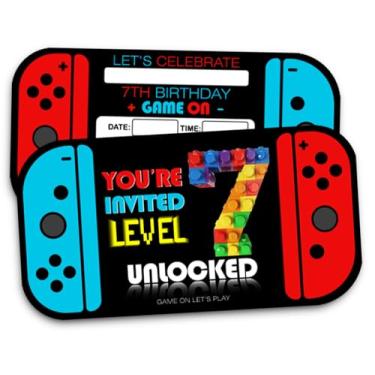 Imagem de XIAOPNN Convite de festa de aniversário de 7 anos de videogame para meninos, suprimentos de festa de aniversário de 7 anos, 30 cartões com 30 envelopes