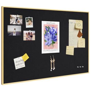 Imagem de Quadro de avisos 76 x 50 cm, quadro de pinos preto, quadro de cortiça de tecido emoldurado de alumínio dourado com 10 pinos