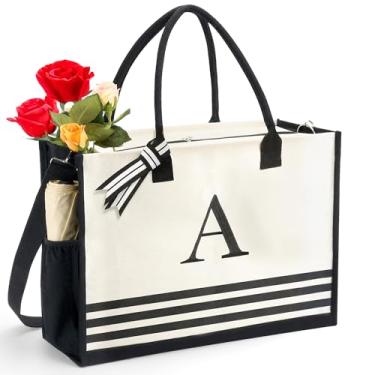 Imagem de BeeminDrop Sacolas de lona com inicial, presentes de aniversário personalizados com monograma para mulheres, mães, professoras, praia, sacolas, letras, Branco, One Size, Listra a