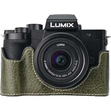 Imagem de Capa G100K, capa BMAOLLONGB feita à mão de couro PU meia câmera versão abertura inferior para Panasonic Lumix G100K com alça de pescoço (verde)