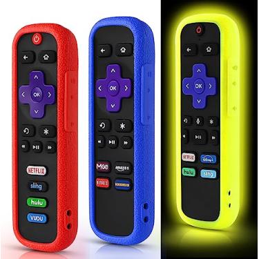 Imagem de Pacote com 3 capas remotas para Roku, capa de bateria para controle remoto TCL Roku Smart TV, controle remoto de silicone Roku TV, capa protetora universal que brilha no amarelo, vermelho e azul