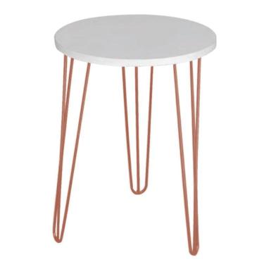 Imagem de Mesa Apoio Tampo Mdf Branco 45Cm Pé De Ferro Metal Rosa