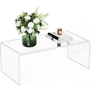 Imagem de Mesa de centro grossa de acrílico para sala de estar. Mesa de canto retangular e transparente minimalista moderna de 86 cm. Bordas arredondadas fáceis de limpar e seguras (43 cm P x 88 cm L x 37 cm A)