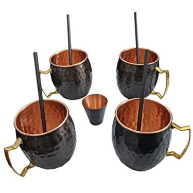 Imagem de Adonai Hardware Conjunto de canecas Moscow Mule de cobre puro martelado com 4 canudos e 1 jigger (bronze polido a óleo)