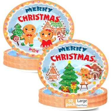 Imagem de 50 peças, pratos ovais de papel de gengibre de 28 cm, decorações de festa, pratos de pão de gengibre, suprimentos de festa, Natal, casa, homem, pratos de bolo, bandeja de prato descartável para