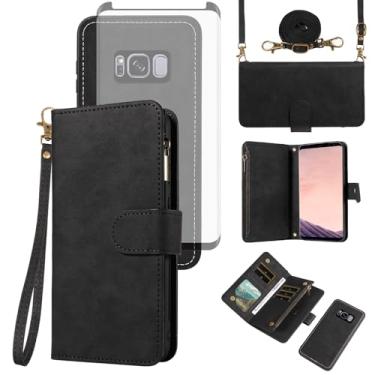 Imagem de Asuwish Capa de celular para Samsung Galaxy S8 Plus carteira com zíper destacável com protetor de tela transversal alça flip suporte para cartão S8plus S 8 8plus 8S Edge S8+ SM-G955U feminino preto