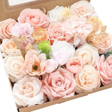 Imagem de Floroom Conjunto de caixa combo de flores artificiais rosa pêssego, rosa blush, peônias e vegetação, para buquês de casamento, chá de panela, arranjos florais, mesas de festa, decoração de casa
