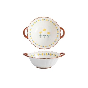 Imagem de Conjunto de tigela e pauzinhos domésticos simples e personalizados, tigela de cerâmica com orelhas duplas para servir pratos, tigela de arroz e talheres - tigela Heyi de 24 cm com orelhas duplas