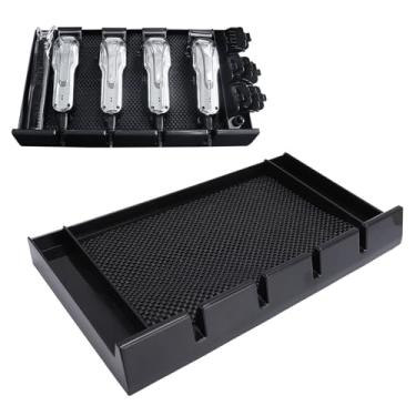 Imagem de Bandeja para tosquiadeira de barbeiro, organizador de lâminas de barbear antiderrapante preta para salão de beleza com 4 entalhes, suporte para tosquiadeira de cabelo push pull