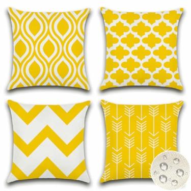 Imagem de OTOSTAR Pacote com 4 capas de almofada impermeáveis para ambientes externos, 50 x 50 cm, decorativas, externas, jardins, modernas, amarelas, geométricas, para móveis de pátio, sofá, dez bancos