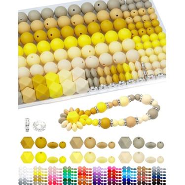 Imagem de 172 peças de contas de silicone FIVEIZERO para kit de fabricação de chaveiros, 6 contas de silicone amarelas mistas de 9 mm e 15 mm, contas de lentilha, contas hexagonais e contas espaçadoras de