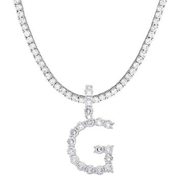 Imagem de Colar com inicial Jacruces prata grande pingente de letra inicial colar corrente de tênis Bling CZ inicial letra colar 45,7 cm + extensor de 5 cm