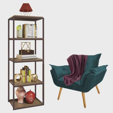 Imagem de Kit Poltrona Fatte com Manta Soft Bordô e Estante Livreiro Ferro Marrom mdf Rústico Suede Azul Turquesa - Ahazzo Móveis