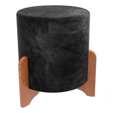 Imagem de Puff Redondo Rosé Em Linho Pé De Madeira Luxo Thor Decoração Preto