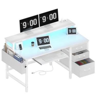 Imagem de DLisiting Mesa branca para computador com gaveta de arquivos, mesas de escritório em casa de 118 cm com bandeja de teclado, mesa de jogos com luz LED e tomada, mesa de escrita para PC com suporte para