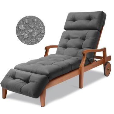 Imagem de Almofadas para espreguiçadeiras externas à prova d'água para cadeira de espreguiçadeira com laços, almofadas espessas para ambientes internos 74,4 x 22 x 4,7 polegadas, apenas almofada (cinza)