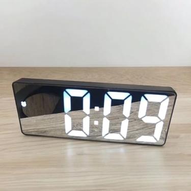Imagem de Relógio Despertador Digital de Mesa LED, 16x2,5x6cm, Display Espelhado, Temperatura, Preto