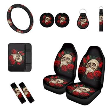Imagem de Suhoaziia Conjunto de acessórios de carro de caveira com rosa vermelha, capas de assento, capa de volante, capa de console central de carro, capa de apoio de braço, almofadas de cinto de segurança, porta-copos, alça de pulso para decoração de carro