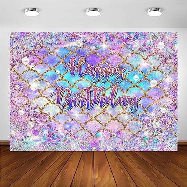 Imagem de Avezano Cenário de aniversário de sereia, escamas douradas com glitter, fundo de festa de aniversário, decoração de festa com tema submarino, roxo gradiente, faixa fotográfica de aniversário para