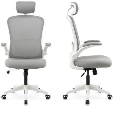 Imagem de Cadeira de Escritório Ergonômica Giratória, Malha Respirável, Estofado Mesh.Tipo Presidente Confortável, Mecanismo de Elevação a gás, Rodinhas silenciosas. Branca e Cinza | HYATTO OFFICE |