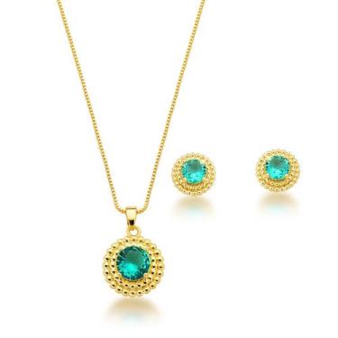 Imagem de Conjunto Colar e Brincos Redondo Verde Claro Banhado a Ouro 18k - Atra