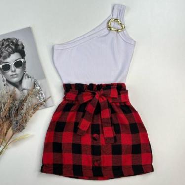 Imagem de Conjuntinho Infantil Roupa Festa Junina Blusa Mula Manca E Saia Xadrez