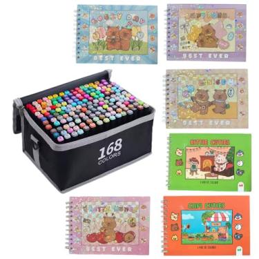 Imagem de Kit Caneta Touch Ponta Dupla Estojo 168 Cores + Caderno Desenho