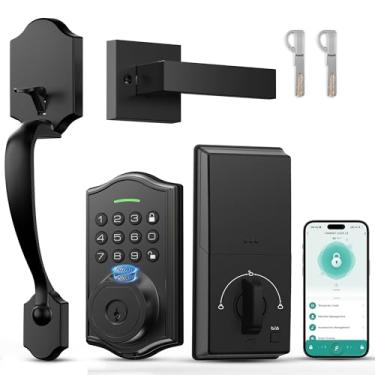 Imagem de POWIFY Fechadura de porta de entrada sem chave com alça, conjunto de fechadura inteligente de impressão digital, controle de aplicativo, fechadura de teclado eletrônico com alavanca, antiespiar, trava