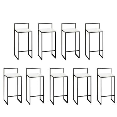 Imagem de Kit 09 Banquetas Alta Com Encosto Lyno Industrial Balcão Bistrô Ferro Preto Branco - Amey Decor