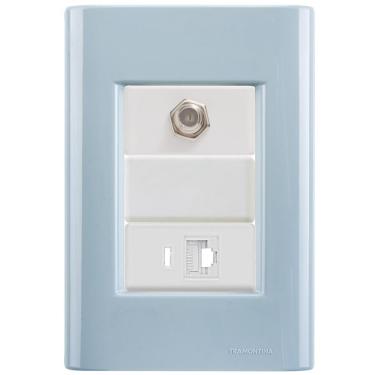 Imagem de Cj Tomadas Rj45 Ethernet + Tv Coaxial Giz Azul Jeans Tramontina Completo Pronto Tramontina