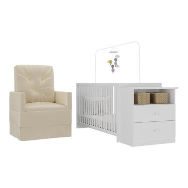 Imagem de Berço Cômoda Com Colchão Incluso E Poltrona De Amamentação Meu Bebê Multimóveis Mp4090 Branco/bege Branco/bege