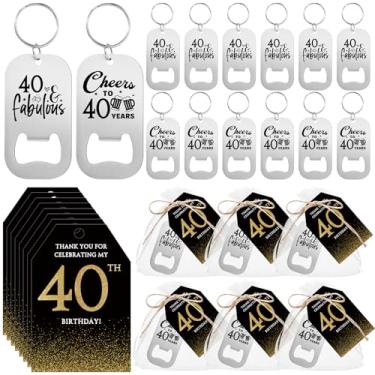 Imagem de Tioncy Conjunto de 50 lembrancinhas de festa de aniversário de 40 anos chaveiro abridor de cerveja com cartões de agradecimento bolsa de organza lembranças de aniversário para convidados decorações de