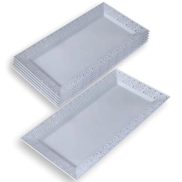 Imagem de Silver Spoons Bandejas retangulares de plástico branco com borda de renda - 35,5 cm x 19 cm (pacote com 6) - Perfeito para festas, casamentos e mais