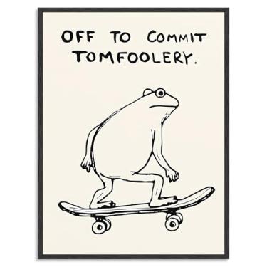 Imagem de Dazzlewall Decoração de parede de sapo de skate, impressão de arte de parede com citação engraçada para banheiro quarto Off To Commit Tomfoolery Pôster de pintura 12×16 sem moldura