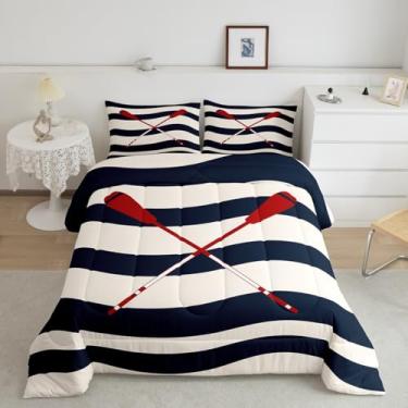 Imagem de Manfei Conjunto de edredom solteiro listrado azul marinho para todas as estações, decoração de quarto de adolescentes, lago, pesca, passeios de barco, enchimento interno com 1 fronha