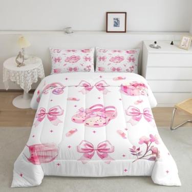 Imagem de jejeloiu Conjunto de edredom com laço, tamanho casal, fofo, kawaii, moderno, para meninos, meninas, adolescentes, decoração de quarto, rosa e branco
