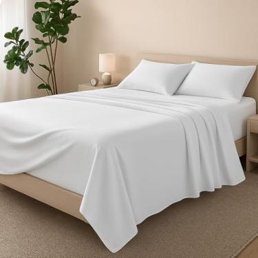 Imagem de ARlinen Conjunto de lençóis de cama de 4 peças (pacote com 2), lençóis de solteiro 100% algodão egípcio, branco, macio e respirável, cabe em colchões de até 38 cm de profundidade