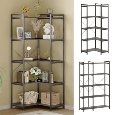 Imagem de Tohomeor Estante de canto deformável de 5 camadas estante de livros moderna industrial de armazenamento de livros para quarto, sala de estar, sala de estudo, escritório (cinza escuro)