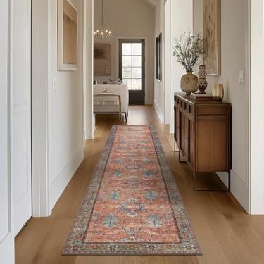 Imagem de Bavni Tapete de quarto para corredores, tapete de corredor lavável 5 x 25 cm, tapete antiderrapante para quarto, lavanderia, terracota/azul