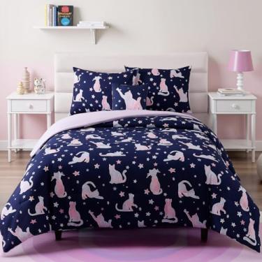 Imagem de Kaleido Space Jogo de cama casal com estampa de gato, 4 peças, 1 edredom, 1 travesseiro decorativo e 2 fronhas
