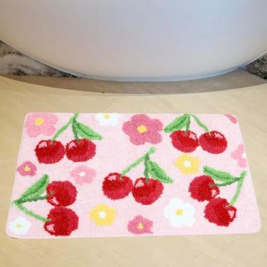 Imagem de Tapete de banho fofo cereja rosa tapetes de banheiro acessórios de banheiro, tapete de banho antiderrapante engraçado lavável à máquina tapete de microfibra macia para banheira e chuveiro (23,6 x 15,7
