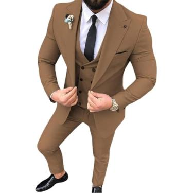 Imagem de Homens Blazer Calças Colete 3 Peças Ternos Slim Fit Casual Padrinhos Lapela Smoking De Negócios Para Formal, Brown, XXL