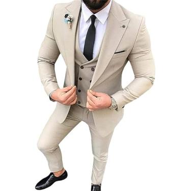 Imagem de Homens Blazer Calças Colete 3 Peças Ternos Slim Fit Casual Padrinhos Lapela Smoking De Negócios Para Formal, Beige, 3XL