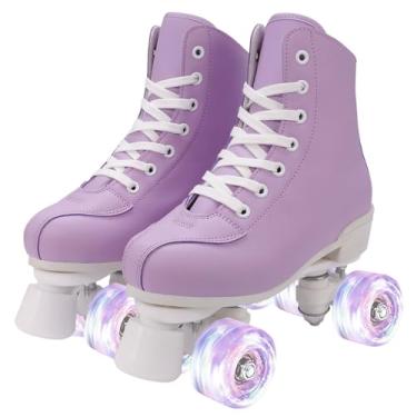 Imagem de Patins de patins para mulheres e homens de couro PU com quatro rodas brilhantes fileira dupla skate com rodinhas unissex (roxo branco, 37)