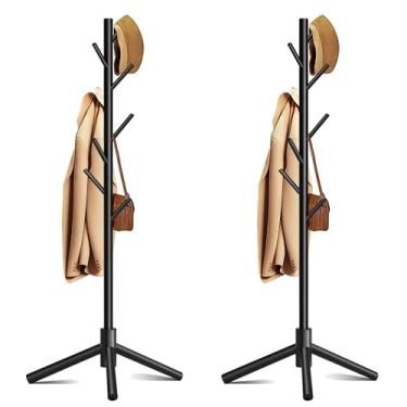 Imagem de Azaeahom Cabide de madeira, cabide de pé livre com 8 ganchos, 3 alturas ajustáveis para roupas, chapéus, bolsas, árvore de casaco fácil de montar para entrada, quarto, corredor, escritório (2 peças)